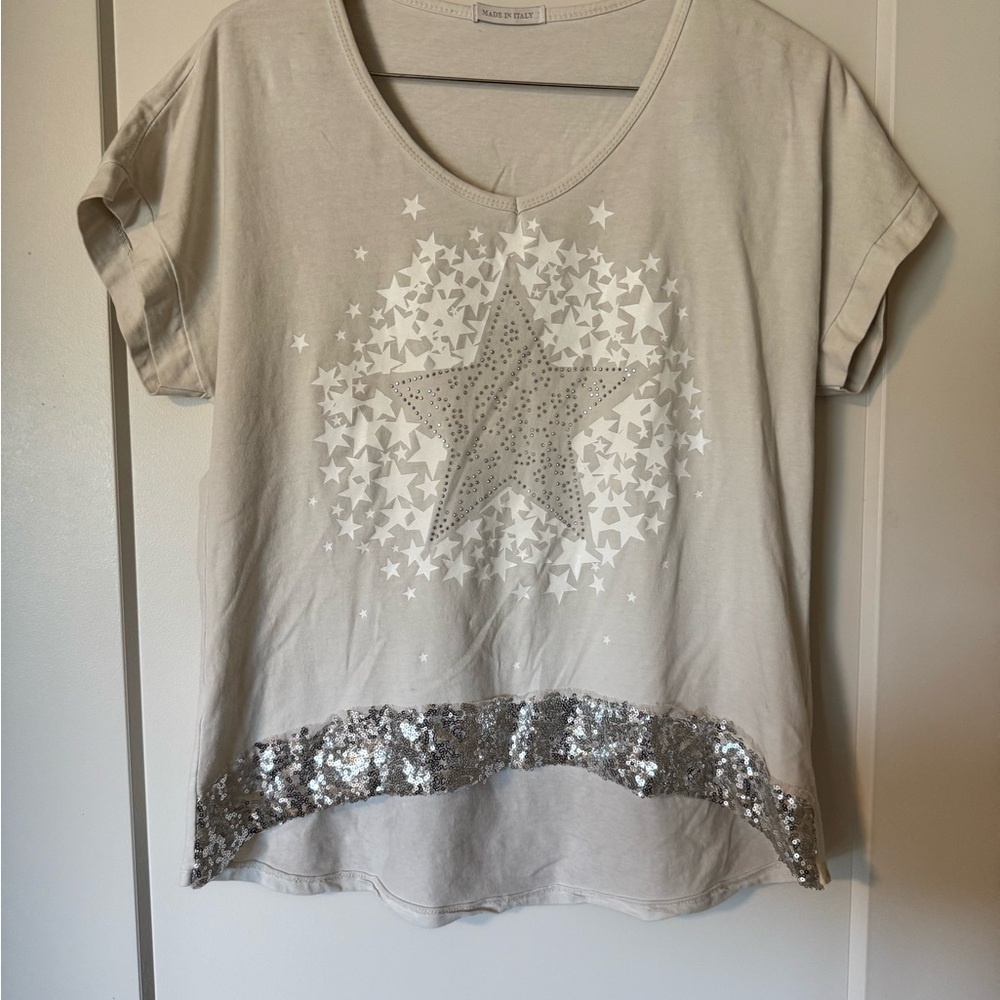 Cream Sequin Boxy Short Sleeve Tee